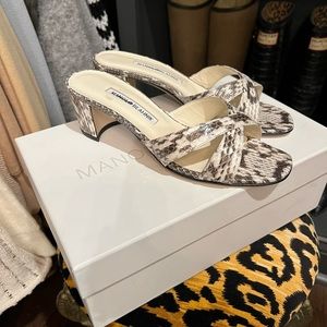 New Manolo Blahnik Block Heel Sandal Snakeskin 38 Black White high heel